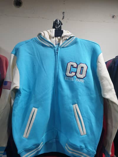 CO Estes Park Varsity Zip-up Hoodie - Sky Blue & White