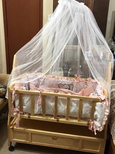 Wooden Baby Cot with Bedding Set & Mosquito Net