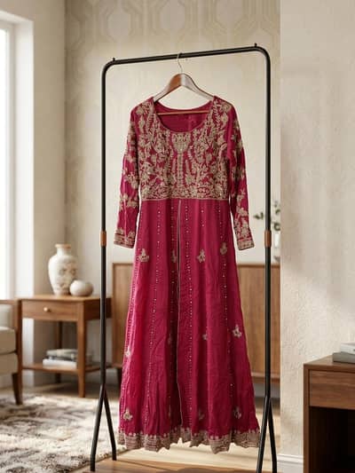 Luxury berry red Anarkali gown with purple  lehnga and  with dupatta