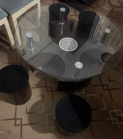 Round Glass Dining Table with 4 Stools
