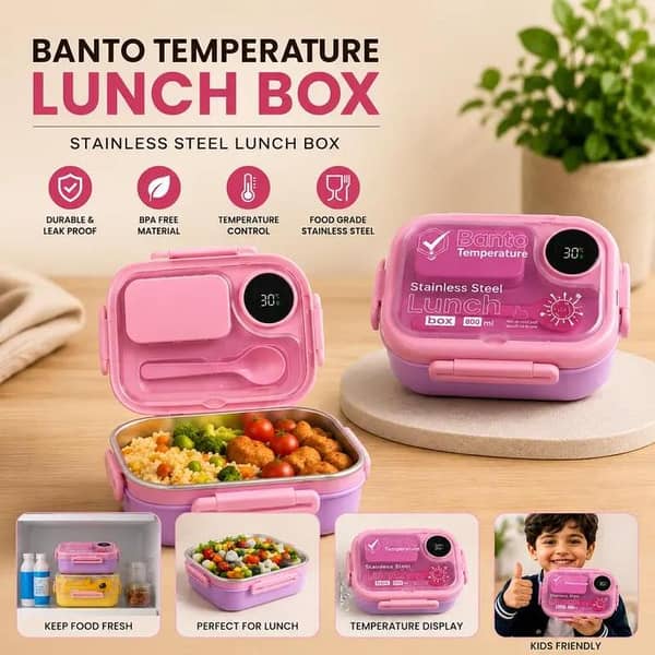 Banto Smart Temperature Stainless Steel Lunch Box 800ml with Digital Temperature Display BPA-Free Leakproof Insulated Lunch Box for Kids