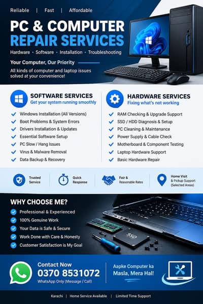 PC Repairing, Windows Installation & Software Services – Karachi