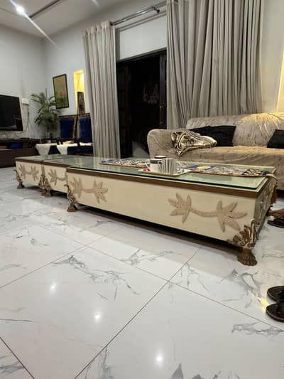 Luxury 3-Piece Center Table Set | Glass Top | Cream & Golden
