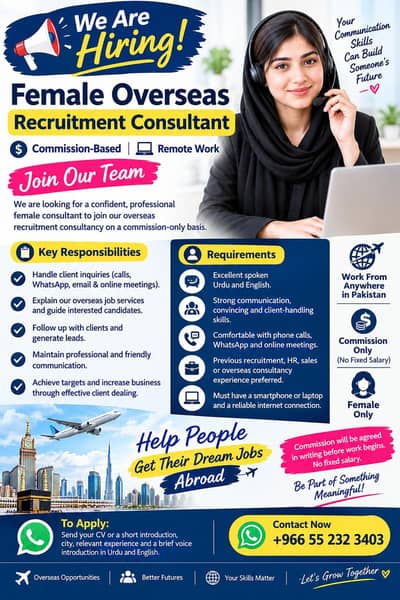 Female Overseas Recruitment Consultant – Remote, Commission-Based
