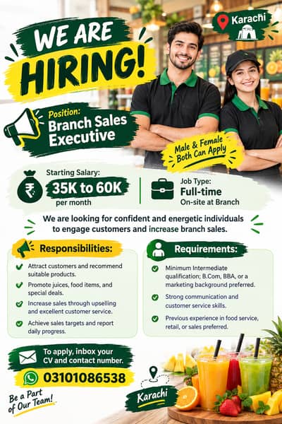 Hiring Branch Sales Executive / Female Cashier  & Remote Female HR