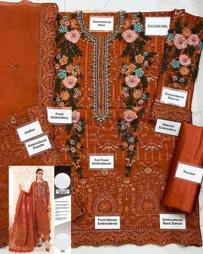 Premium Rust Orange Embroidered 3-Piece Ladies Suit with Dupatta