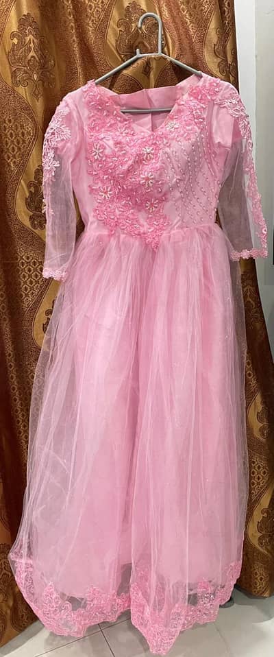 Beautiful Pink Maxi Dress with Lace & Net Dupatta-Style Overlay