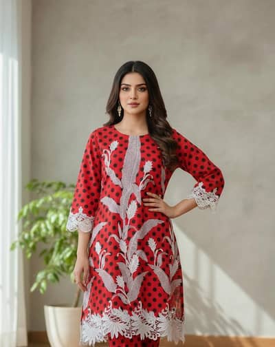 lawn embroidered kurti. . polka dot print