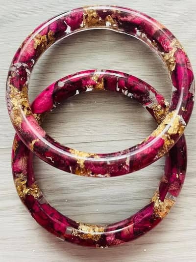Resin Rose Petal Kara Bangle - Real Dried Rose & Gold Flakes