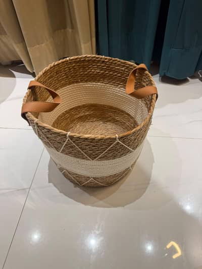 Woven Cane Basket with Leather Handles