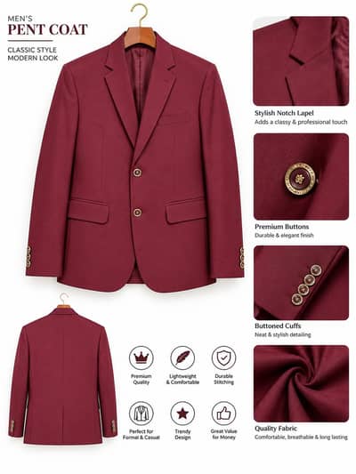 Men's Maroon Burgundy Blazer / Pent Coat – Elegant Formal Wear