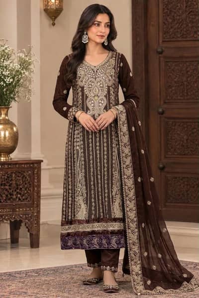 Pure Fabric Chocolate Brown Maxi with Silk Trouser  Pure Dupatta
