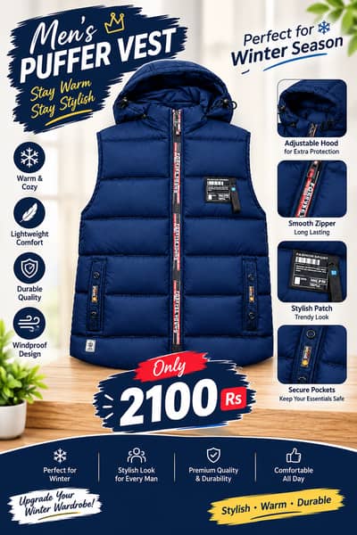 Men's Navy Blue Hooded Puffer Vest – Stylish Winter Wear | Rs. 2100