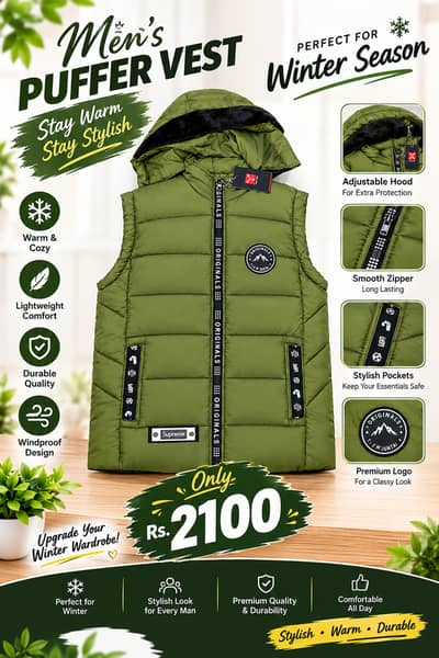 Men's Olive Green Hooded Puffer Vest – Trendy Winter Collection | Rs.