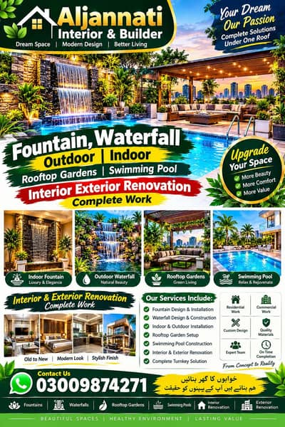 Fountain, Waterfall Outdoor indoor, Rooftop Gardens complete work