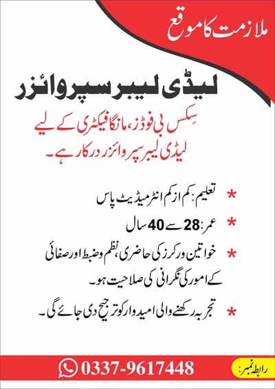 Female Supervisor in Manga Mandi Lahore