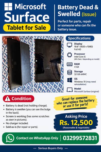 Microsoft Surface Tablet 32GB – Battery Dead & Swollen – Rs. 12,500