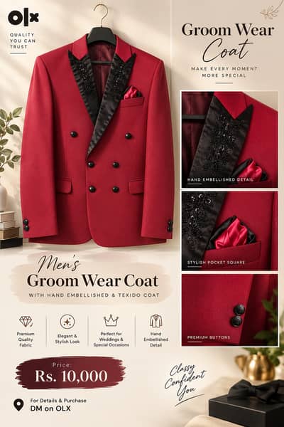 Men’s Groom Wear Coat | Hand Embellished Tuxedo Style Cell 03267874635
