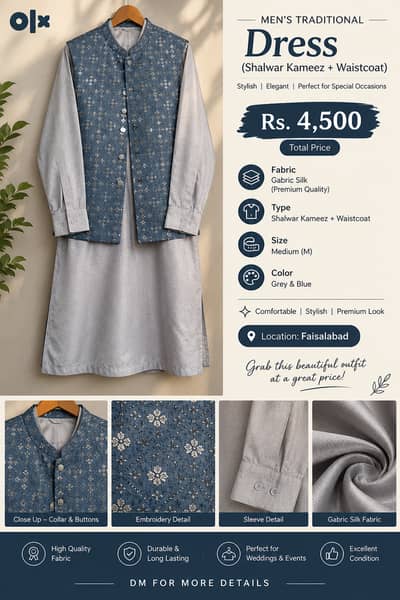 Men’s Shalwar Kameez with Embroidered Waistcoat | 03267874635