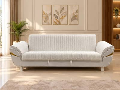 Premium Velvet Sofa Cum Bed | Eye Design | Golden Accents