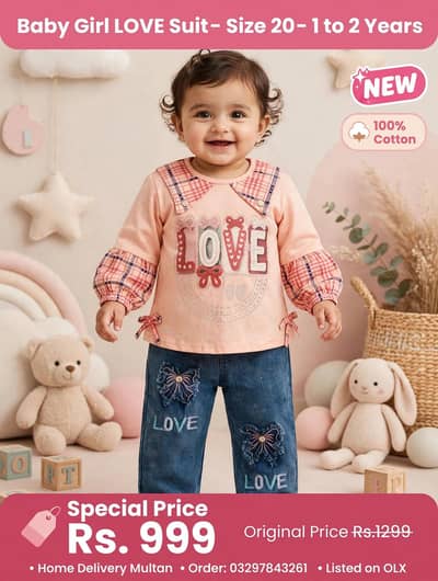 Baby Girl Suit 1 to 2 Years Size 20 Love Design cotton Top + Jeans