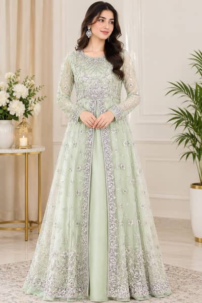 Beautiful Mint Green Embroidered Open Maxi | Worn Once | Almost New