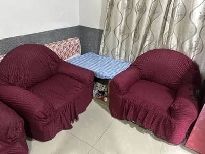 5-Seater Sofa Set (3+1+1) with Maroon Fitted Covers – Good Condition