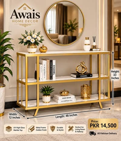 Luxury Golden Metal Console Table with Marble Top – 48 Inches