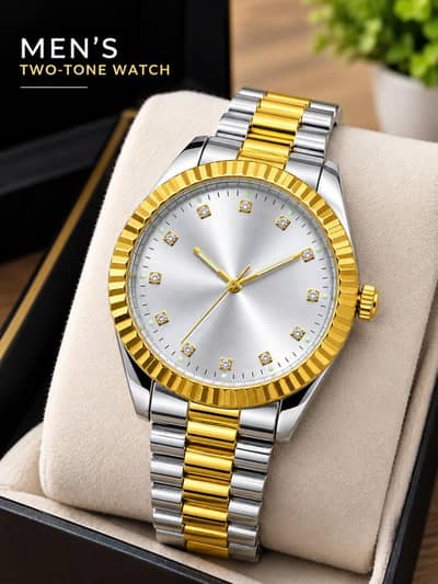 Men Luxury Two Tone Watch Stainless Steel Chain Fashion Watch