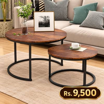Modern Nesting Coffee Tables Set of 2 – Wooden Top with Black Metal F