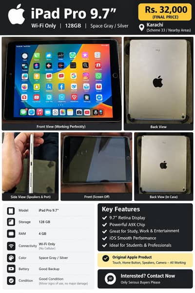 Apple iPad Pro 9.7 128GB WiFi – Excellent Working Condition – Karachi