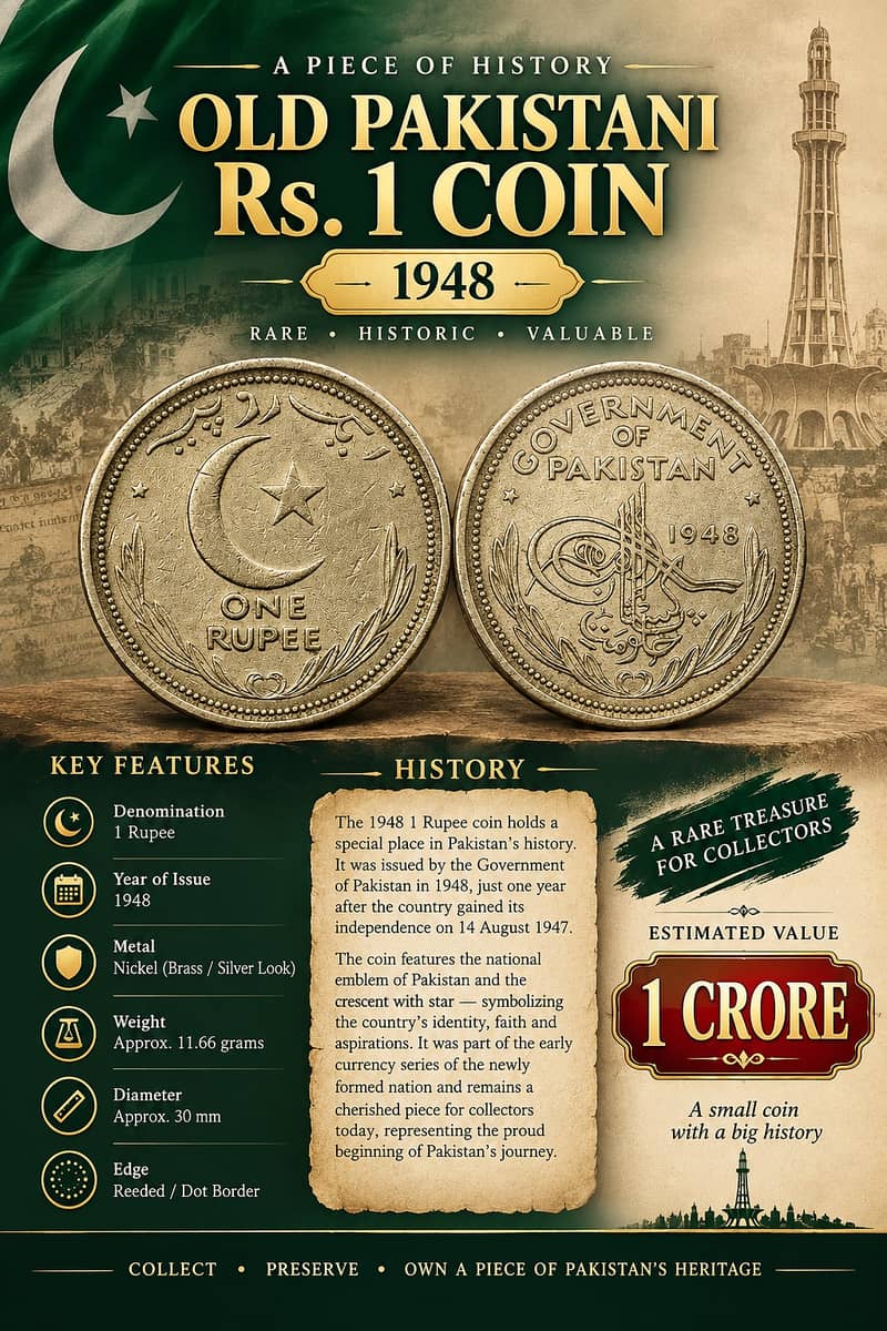 Rare Vintage 1948 Pakistani 1 Rupee Coin, Pakistan 1 Rupee Coin - Coins ...