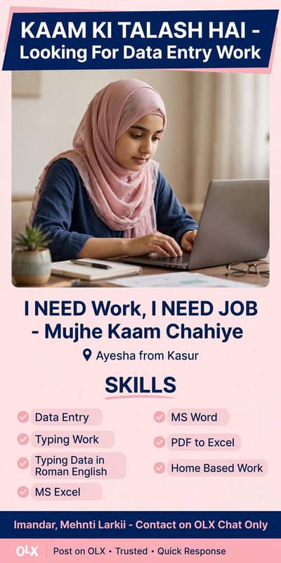 I NEED Online Work - Data Entry & Typing - Home Based - Kasur / Lahore