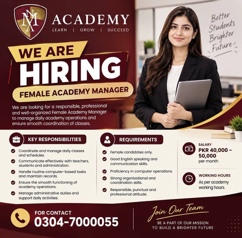 Female Manager Required | Female Job | Jobs In Lahore 0