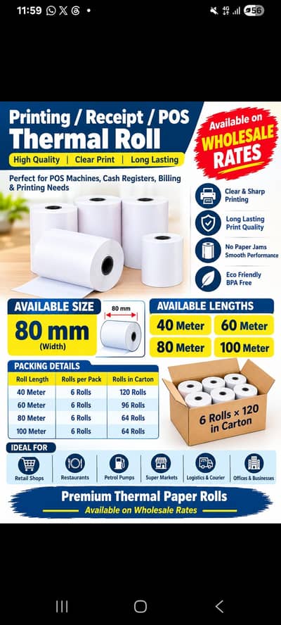 80mm Thermal Paper Rolls | 40m, 60m, 80m & 100m | Whole sale