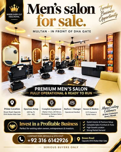 Premium Men’s Salon for Sale Near DHA Multan | Fully Equipped Business