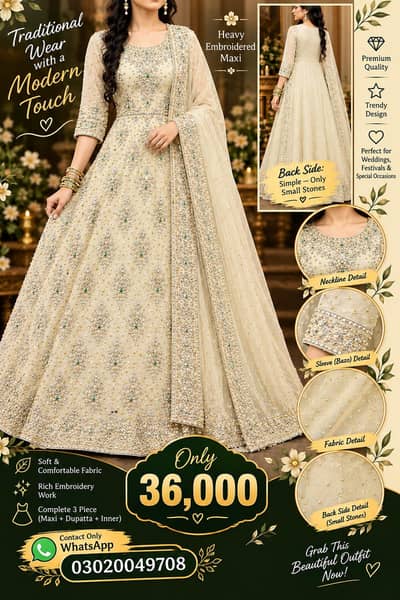 Luxury Ivory Embroidered Maxi – Elegant 3-Piece Formal Wear