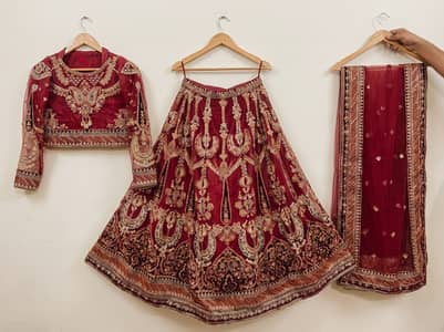 Heavy Embroidered Maroon Bridal Lehenga (3-Piece) By Maria. B.
