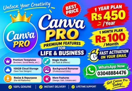 Canva Pro 1 Year Rs 450 | 1 Month Rs 100