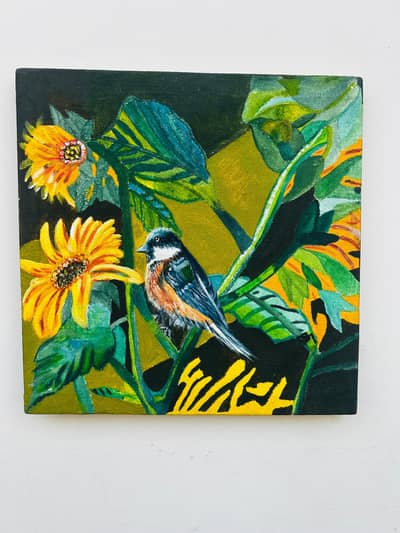 Original Handmade Bird & Flowers Painting 12x12