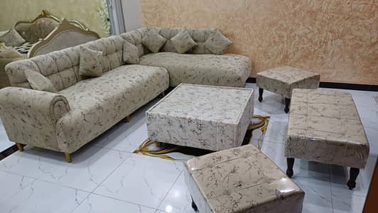 L Shape Sofa And puffy set With Glass top table