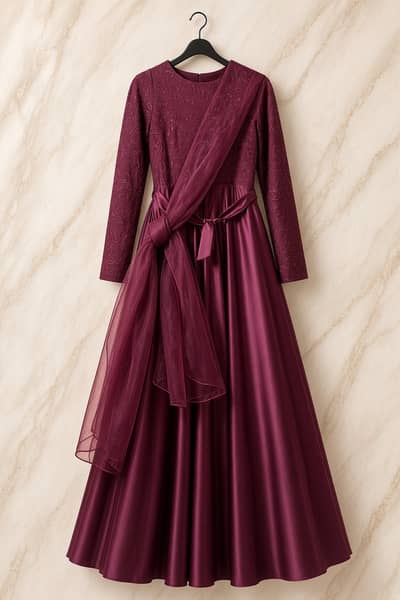 Elegant Burgundy / Wine Red Embroidered Maxi Dress with Dupatta