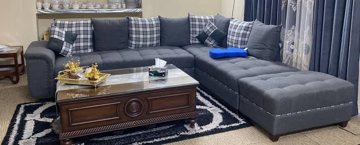 Grey wooden L-shape sofa set