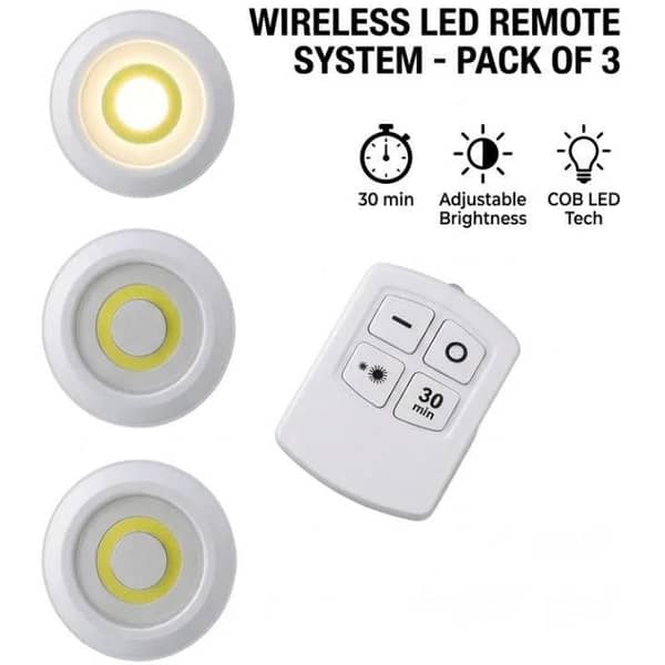 Pack of 3 LED Tap Lights with Remote Control | Self-Adhesive Battery Operated Cabinet Lights for Wardrobe, Kitchen, Cupboard, Bedroom, Stairs and Closet | Wireless Push Touch LED Lights for Convenient Home Lighting