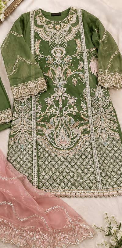 Olive Green Embroidered Organza Party Wear Suit with Pink Dupatta