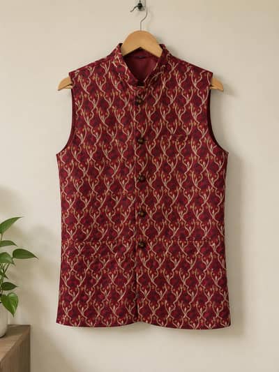 Men’s Maroon Embroidered Waistcoat for Wedding
