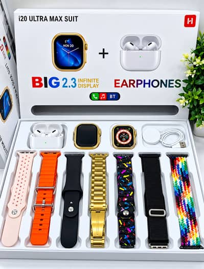 i20 Ultra Max Smart Watch Combo with Earbuds, 7 Straps & Wireless Char