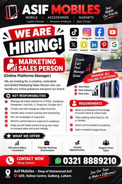Marketing Sales Person Required | Social Media Manager | Video Editor