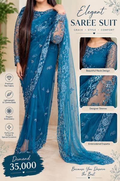 Elegant Teal Blue Embroidered Saree Suit – Party Wear