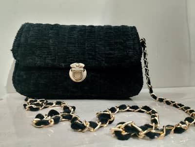 Handmade black Velvet Sling Bag with Golden Chain-Crochet for girls